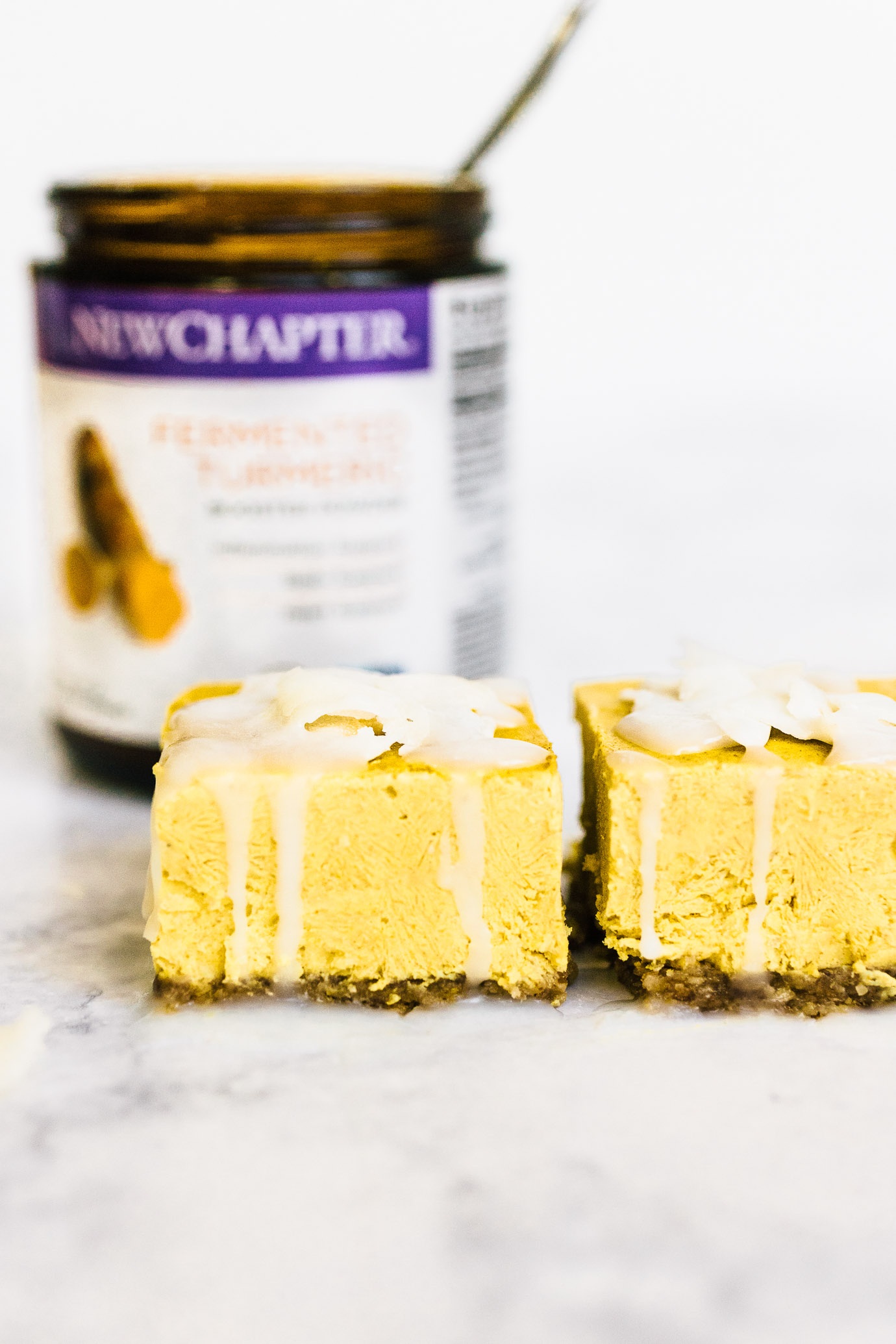 Golden Milk Cheesecake Bars with New Chapter Turmeric Booster