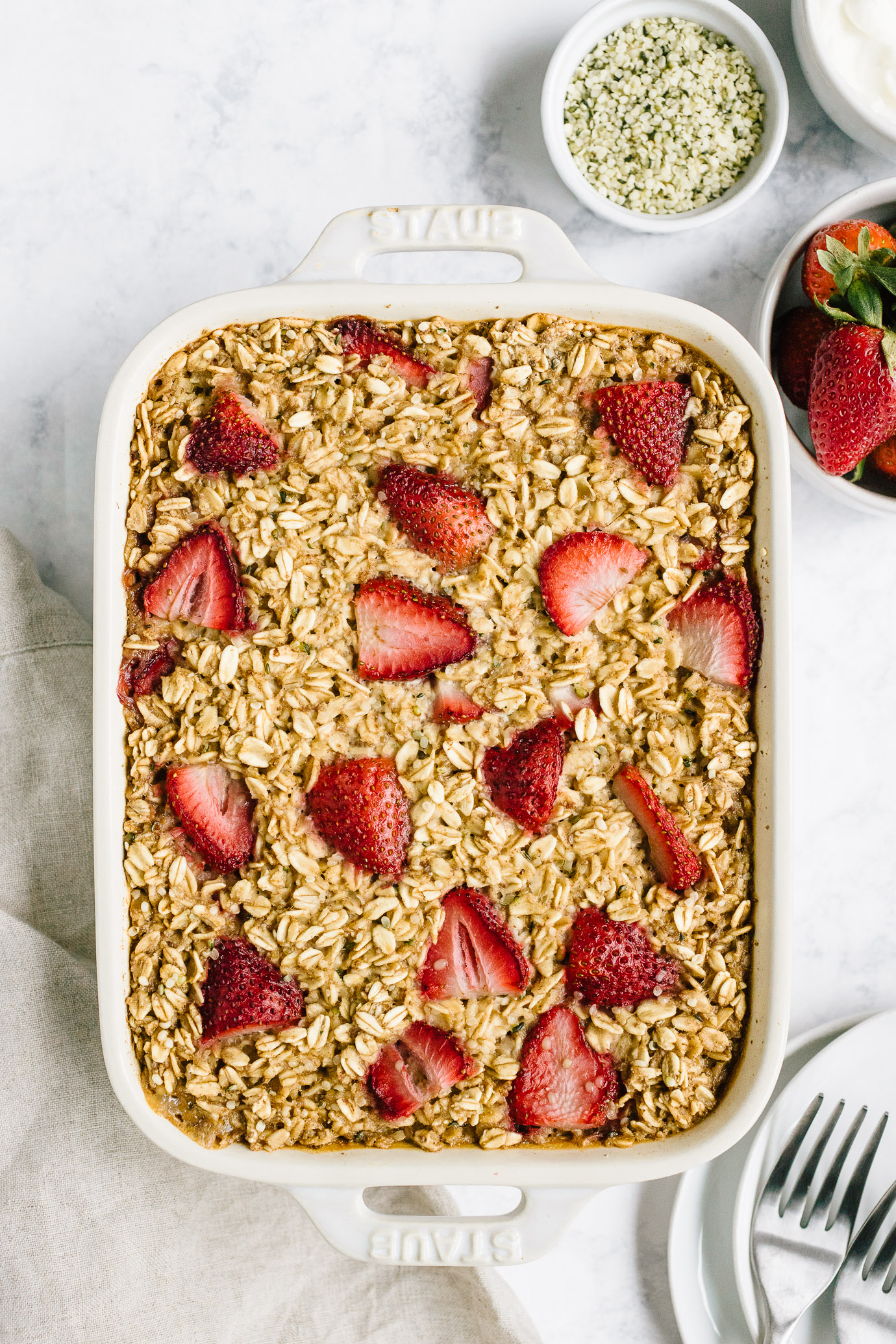Strawberry baked oatmeal in Staub baking dish