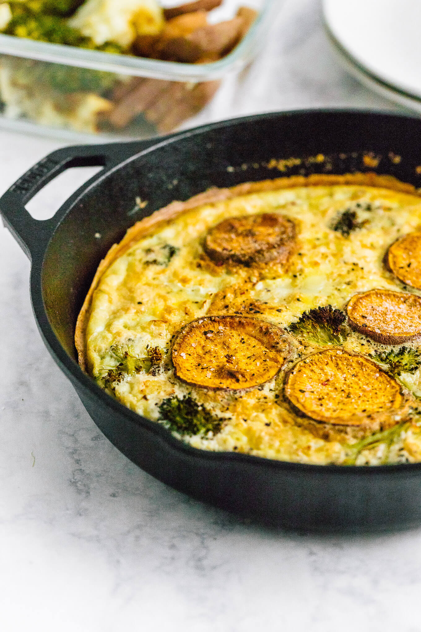 Roasted vegetable frittata in cast-iron skillet
