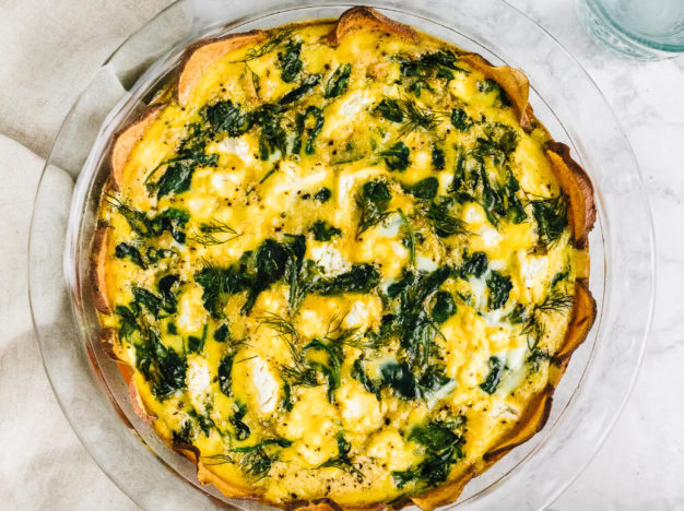 Spinach Quiche with Sweet Potato Crust in glass dish