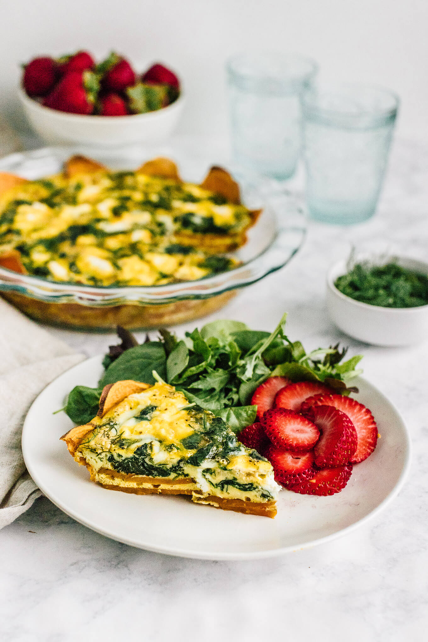 slice Spinach Quiche with Sweet Potato Crust