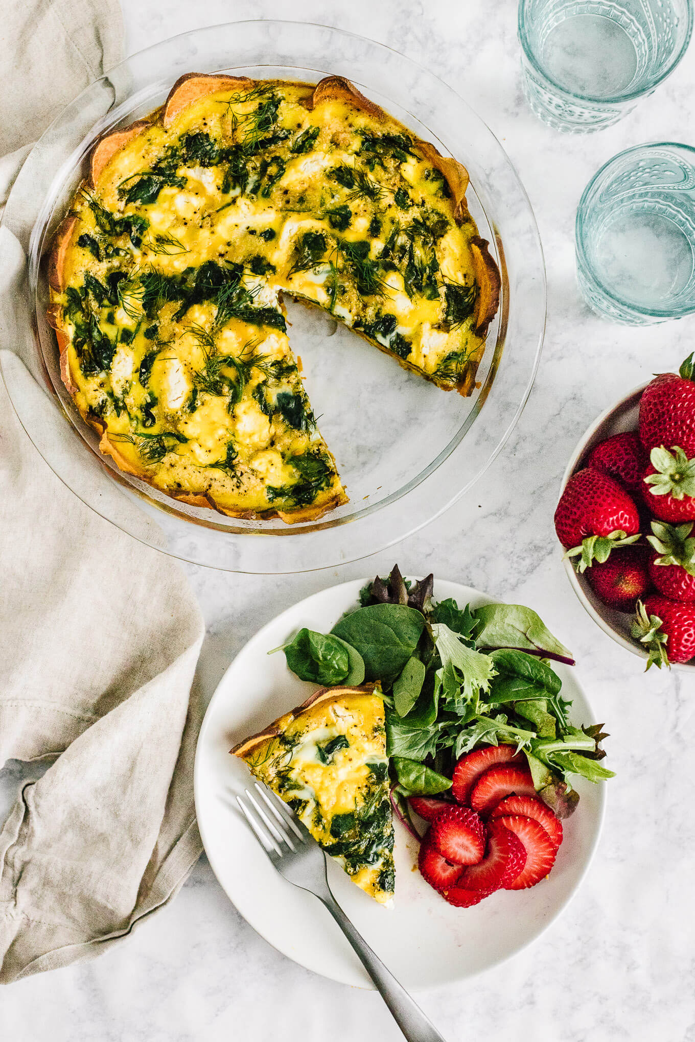 Sliced Spinach Quiche with Sweet Potato Crust
