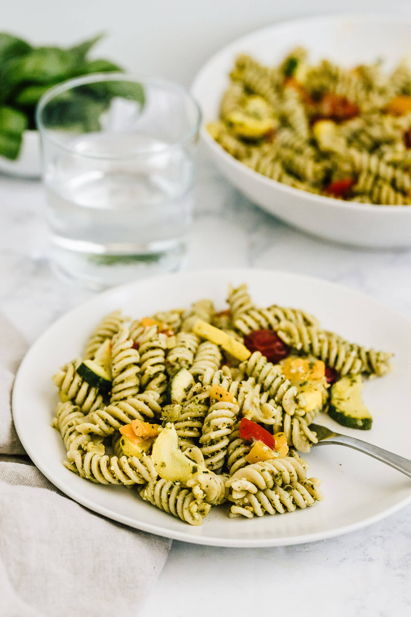 summer vegetable pesto pasta; gluten-free, dairy-free, vegan.