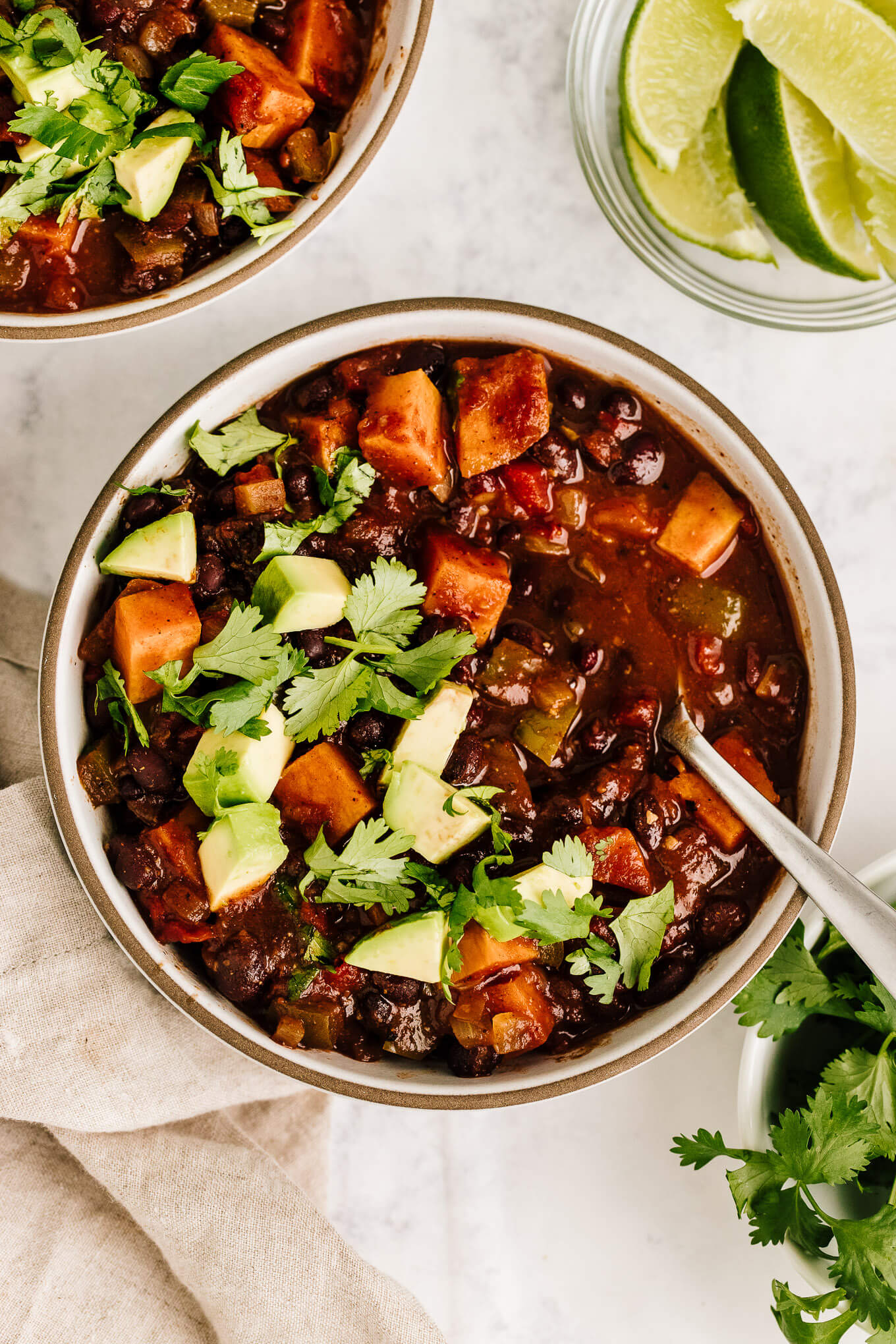 bowl of vegetarian sweet potato black bean chili