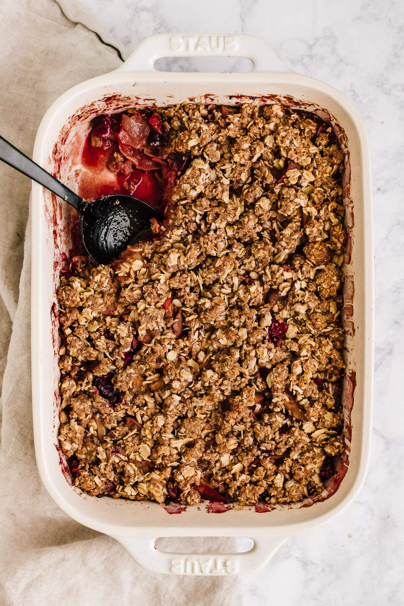 Healthy cranberry apple crisp with oat topping; vegan, gluten-free