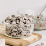 Small glass container healthy low-sugar puppy chow (muddy buddies)