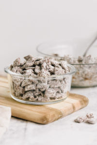 Small glass container healthy low-sugar puppy chow (muddy buddies)