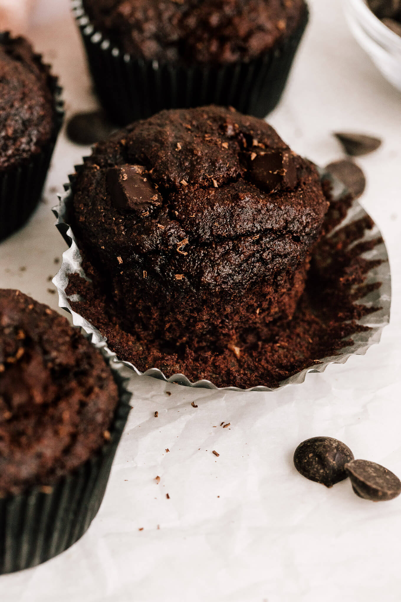 Double Chocolate Banana Muffins; healthy dairy-free chocolate muffins with almond flour and oat flour.