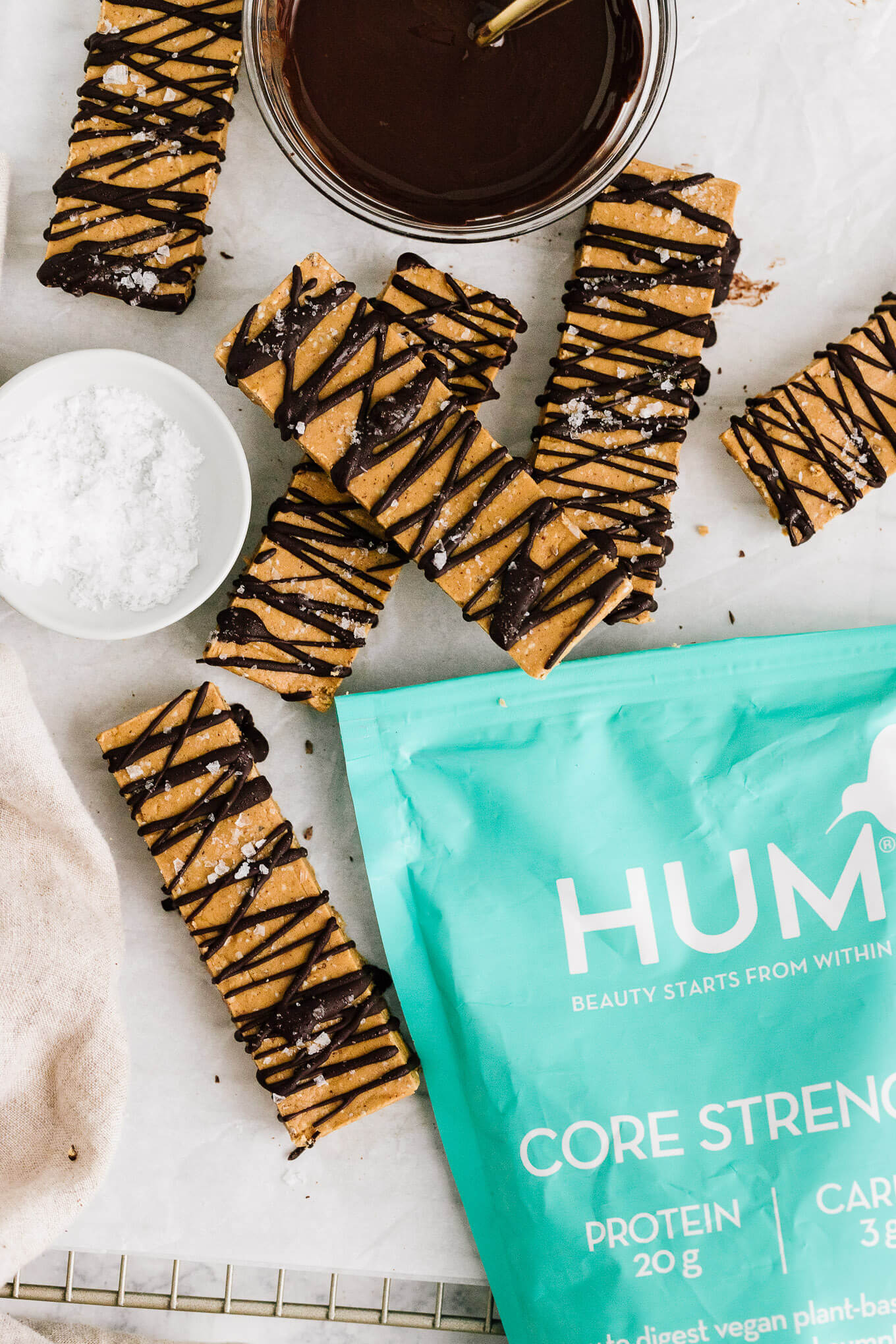 Chocolate Peanut Butter Protein Bars with HUM Nutrition Core Strength Vanilla Protein Powder